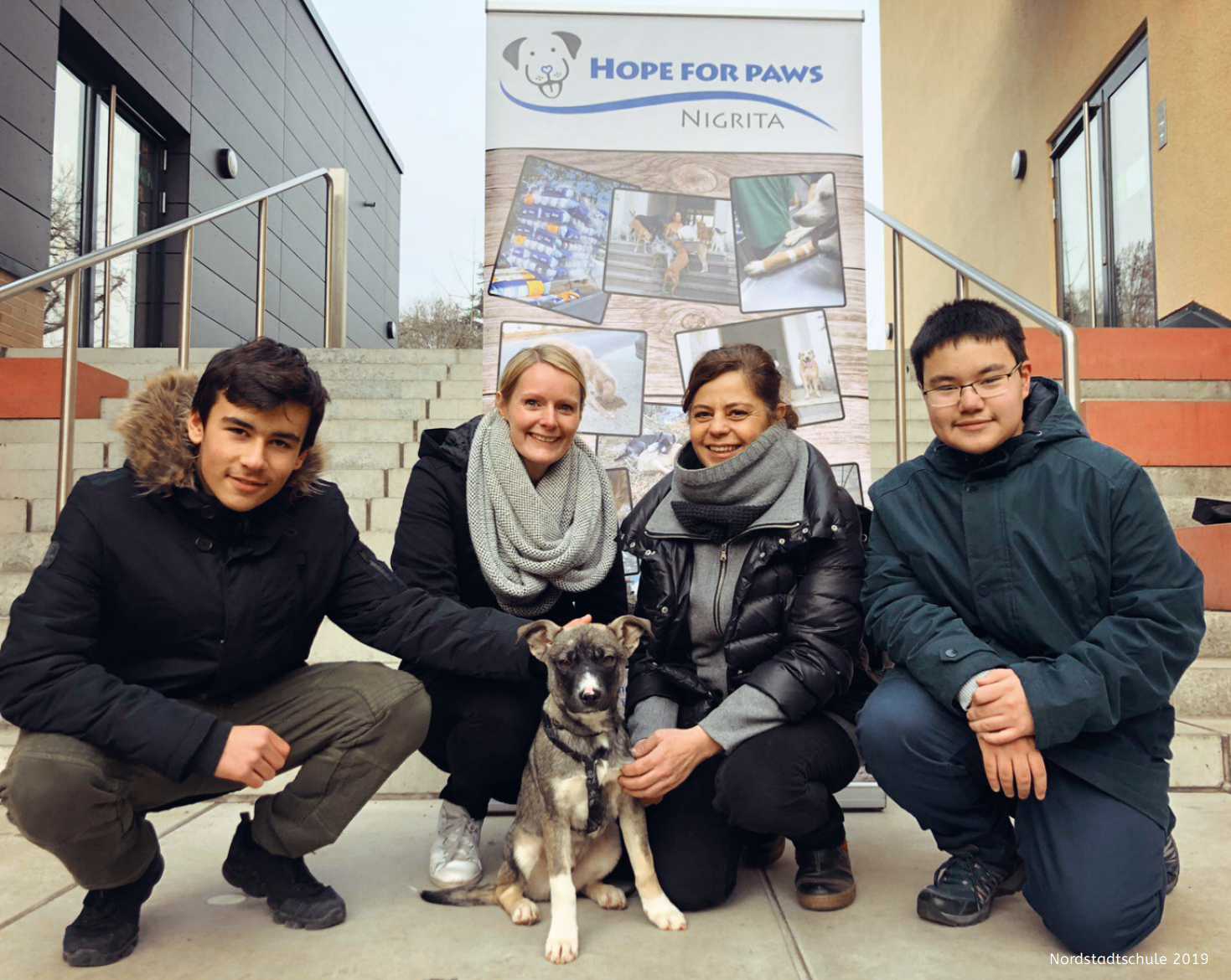 Auf diesem Bild sieht man Schülerinnen, Schüler und Lehrerinnen auf einer Treppe zusammen mit einem geretteten Hund.