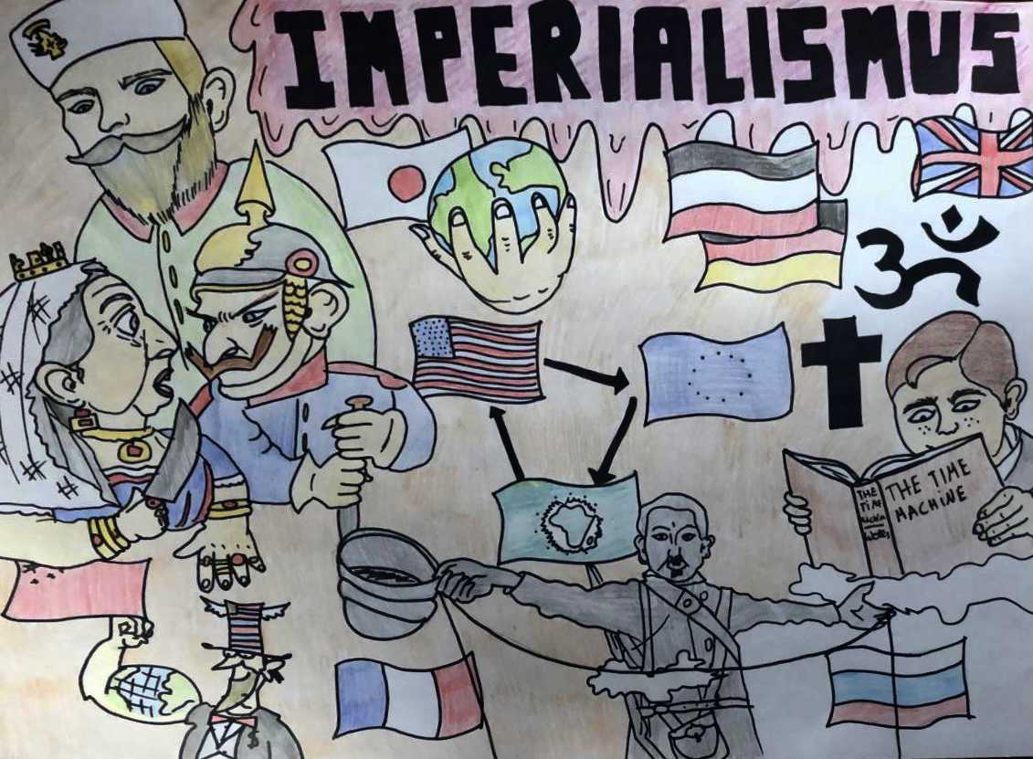 Auf diesem Bild sehen Sie von Schülerinnen und Schülern selbstgemalte Plakate zum Thema Imperialismus.