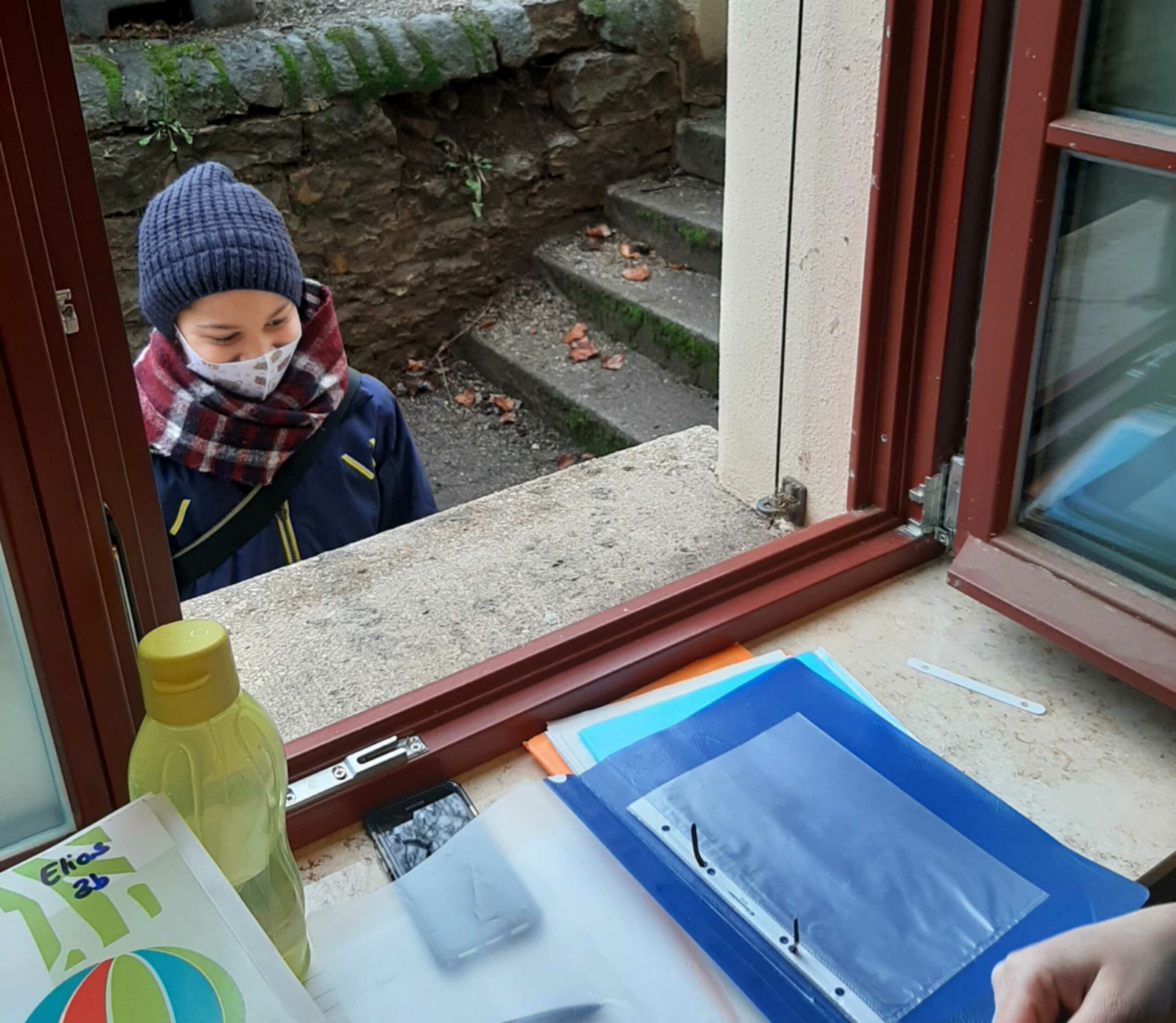 Auf diesem Bild sehen Sie eine Schülerin vor einem offenen Fenster, die sich gerade Bücher ausleih