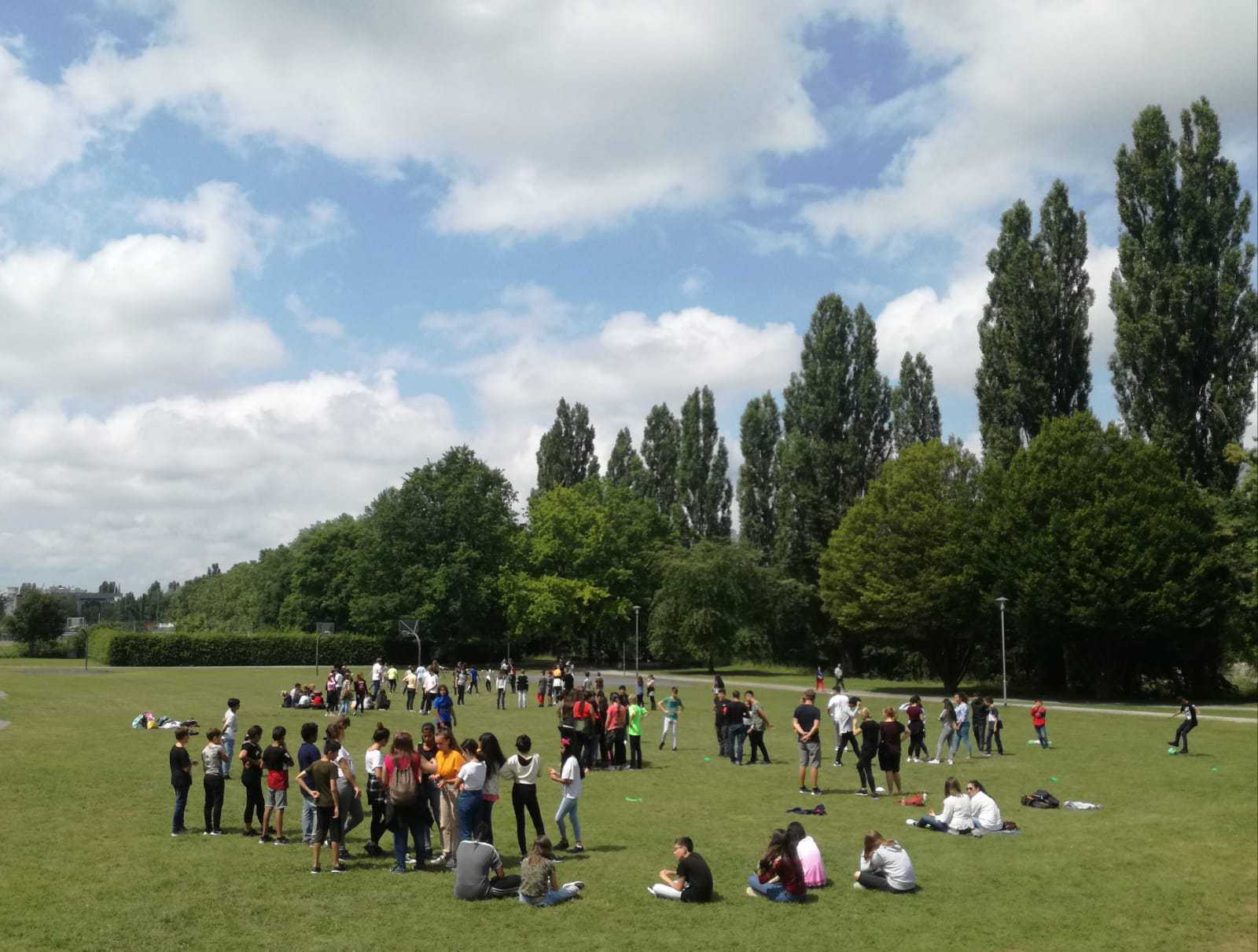 Auf diesem Foto sehen Sie Schülerinnen und Schüler auf einer Wiese im Enzauenpark.