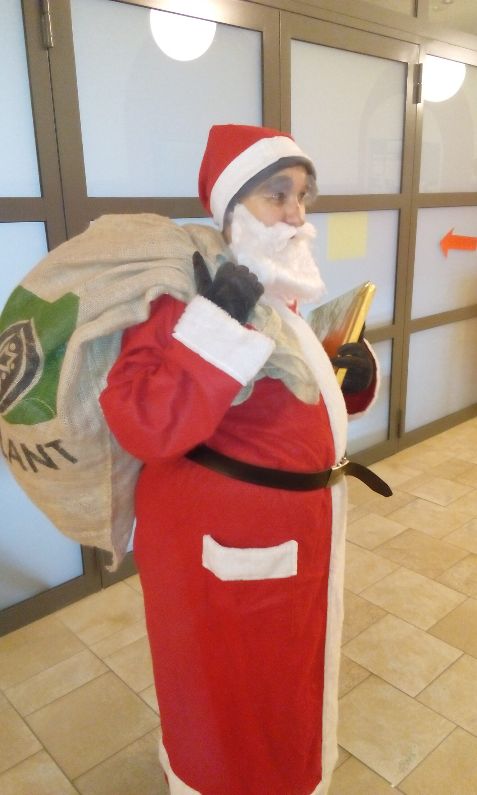 Auf diesem Bild sehen Sie einen Nikolaus bepackt mit einem großen Sack auf dem Rücken.