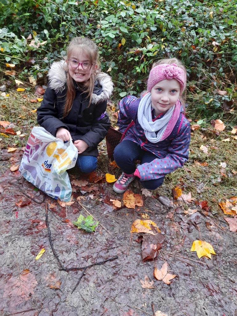 Schüler beim Blättersammeln im Wald